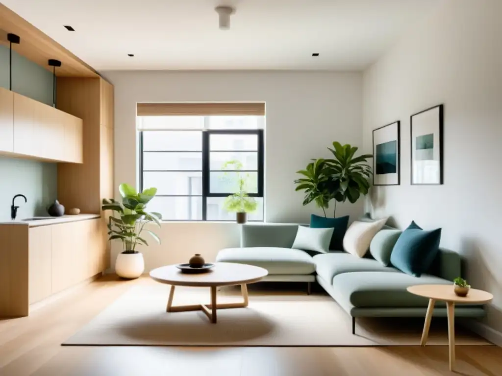 Un apartamento minimalista con elementos de Feng Shui, promoviendo armonía y tranquilidad