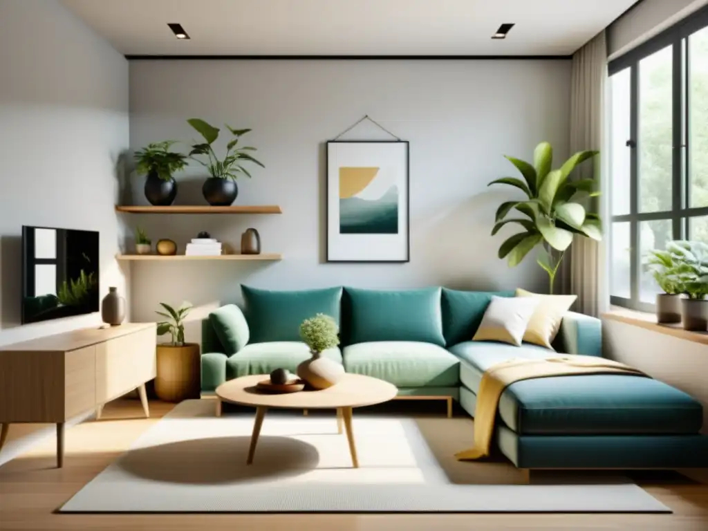 Un apartamento pequeño con decoración minimalista y elementos de feng shui para una armonía tranquila