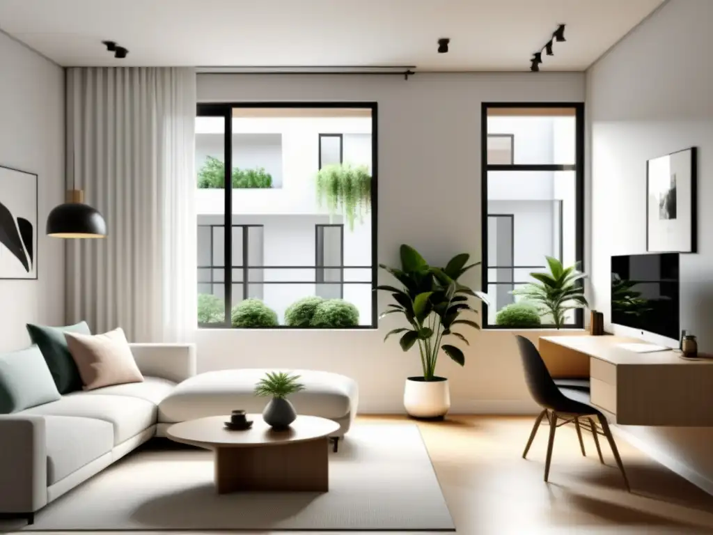 Un apartamento pequeño con decoración minimalista y equilibrio en los muebles, luz natural, una planta interior serena y armoniosa