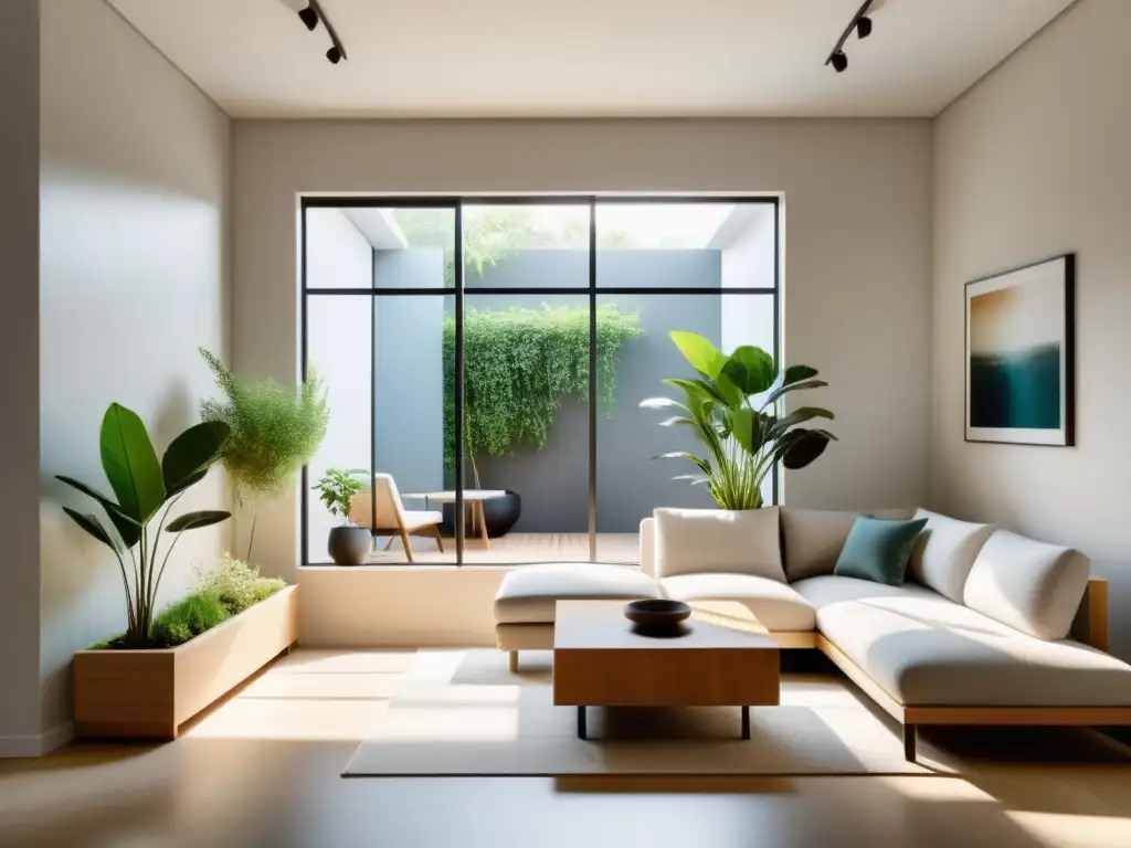 Feng Shui para apartamentos pequeños: Estudio minimalista con luz natural, plantas y muebles modernos que crean armonía