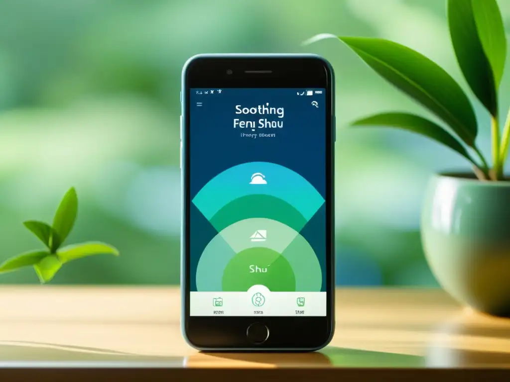 Aplicaciones móviles para Feng Shui: Smartphone con app de Feng Shui en pantalla, tonos suaves y ambiente sereno