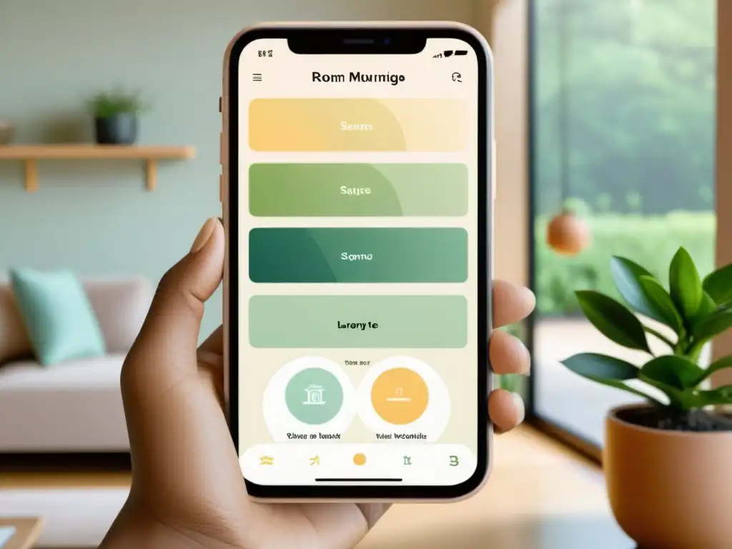 Aplicaciones móviles para Feng Shui: Interfaz elegante y minimalista con colores calmantes y armonía en el espacio de vida