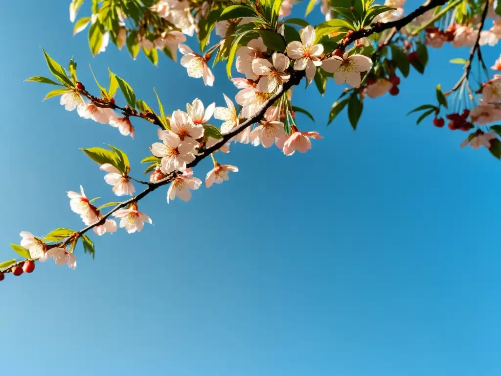 Árbol de cerezo en flor, colores Feng Shui paletas estacionales, cielo azul y luz suave entre las ramas, brisa tranquila