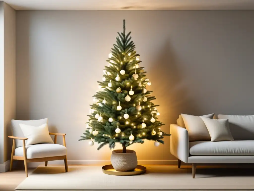 Árbol de Navidad minimalista con adornos navideños respetando Feng Shui, en sala armoniosa y serena