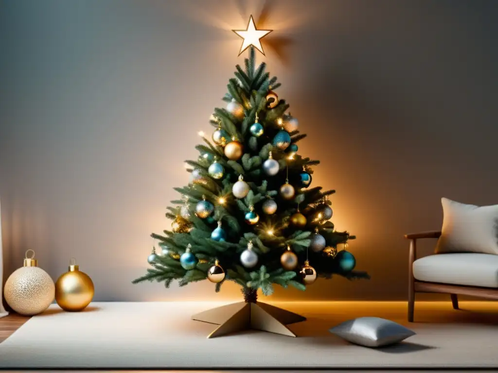 Árbol de Navidad minimalista con adornos respetando Feng Shui, iluminación suave y atmósfera equilibrada en tonos armoniosos