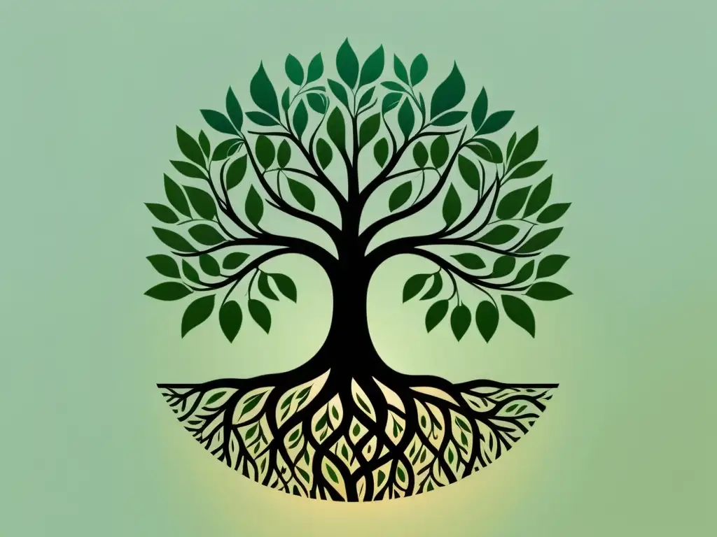 Un árbol de la vida en Feng Shui, con raíces entrelazadas y exuberante follaje, emana serenidad y vitalidad en esta ilustración minimalista