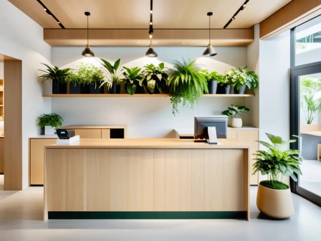 Un área de caja Feng Shui con líneas limpias, mostradores de madera natural y plantas verdes estratégicamente colocadas, bañada en luz natural, promoviendo calma y equilibrio