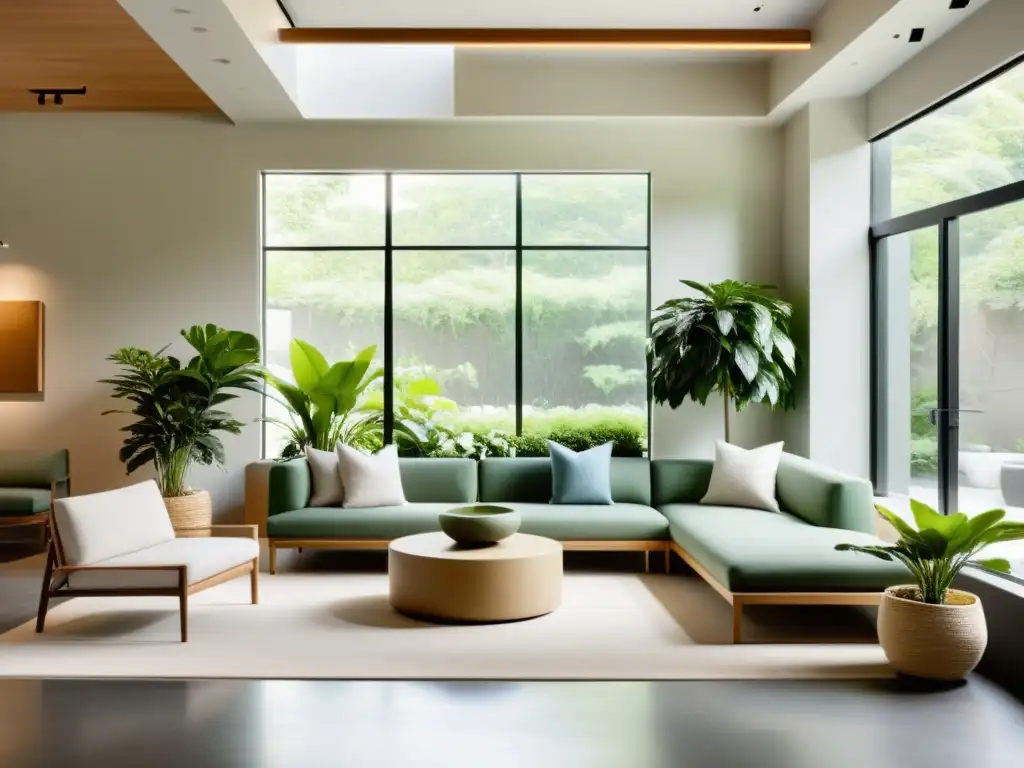 Área de descanso Feng Shui: Espacio sereno con luz natural, asientos cómodos, plantas exuberantes y una fuente tranquila