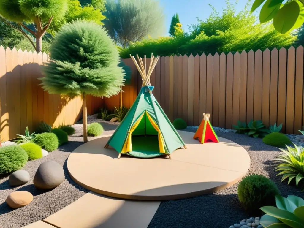 Un área de juego al aire libre con un tepee de madera, piedras de colores y un sendero rodeado de vegetación exuberante