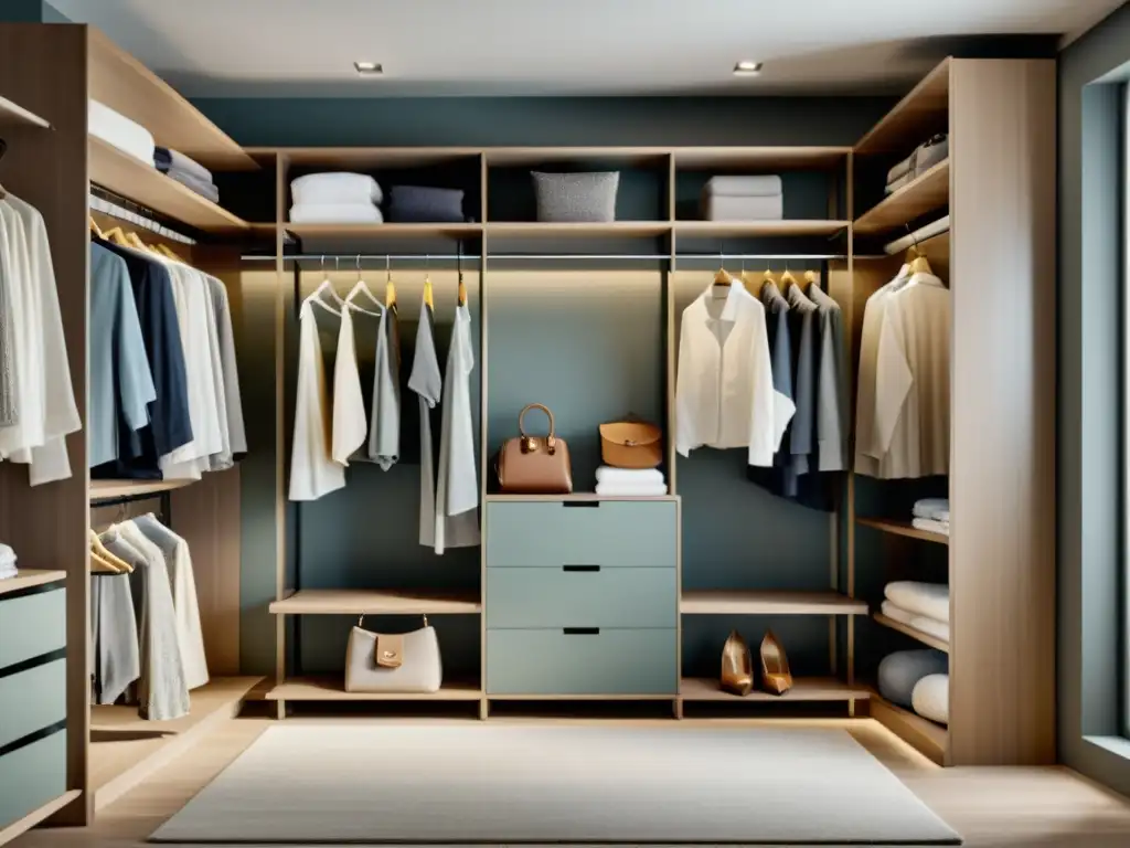 Un armario minimalista y armonioso, influenciado por el Feng Shui, transmite equilibrio y serenidad con su organización impecable y colores relajantes