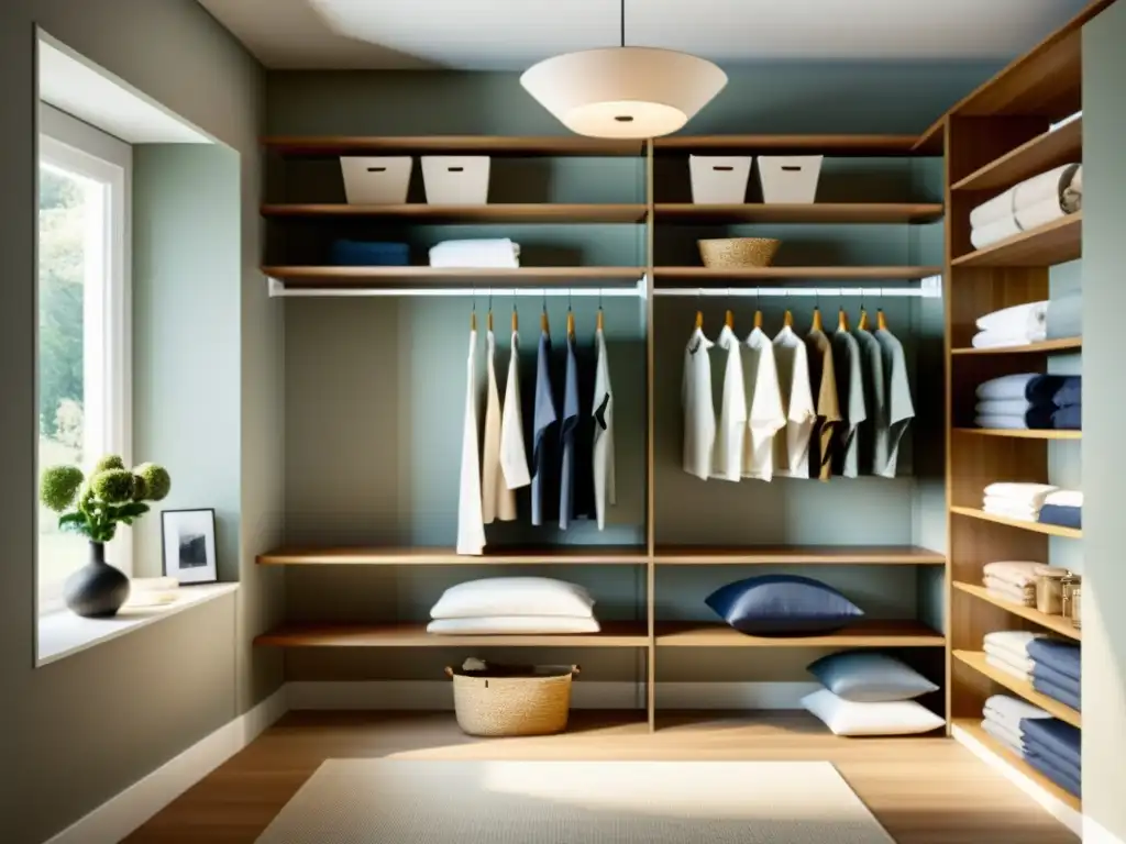 Armario minimalista ordenado con Feng Shui, ropa doblada y perchas coordinadas en armonía y tranquilidad