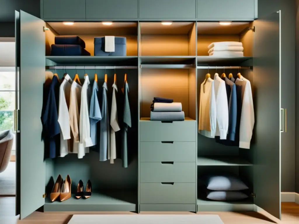 Un armario minimalista y bien organizado con ropa en colores armoniosos