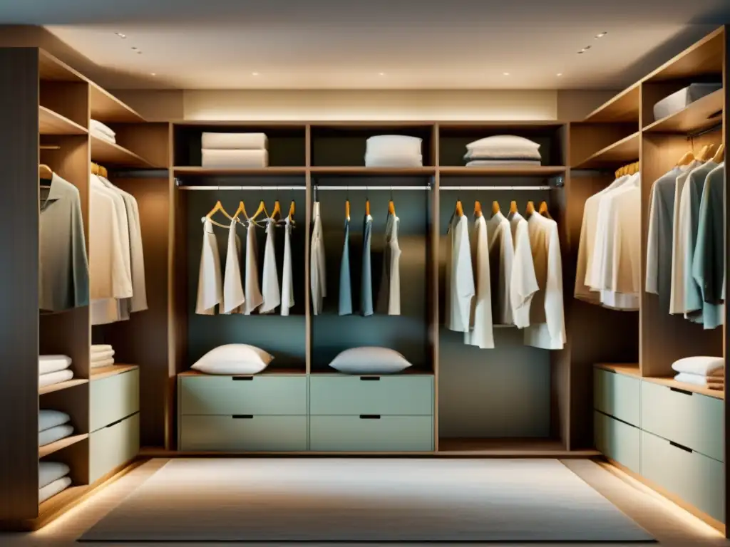 Armario minimalista en armonía, con prendas organizadas y equilibradas, reflejando la moda Feng Shui y su energía serena