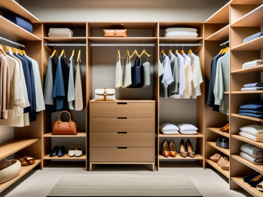 Armario Feng Shui perfectamente organizado, con ropa, zapatos y accesorios armoniosos, iluminación suave y ambiente tranquilo