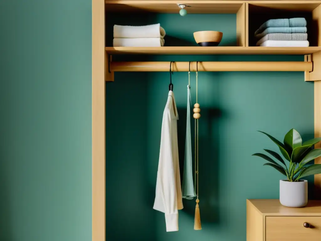 Un armario sereno y minimalista con ropa bien organizada en colores armoniosos, acompañado de elementos decorativos inspirados en Feng Shui