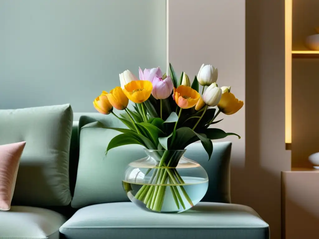 Armonía y elegancia en sala minimalista con flores frescas para armonía Feng Shui