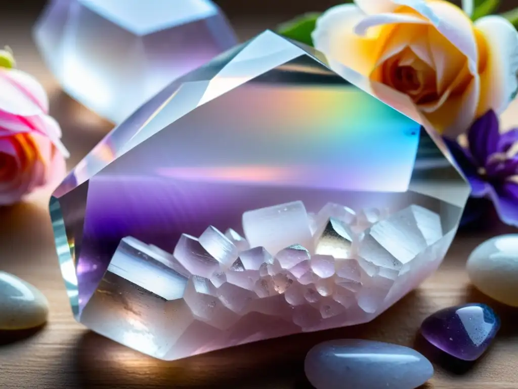 Armonía y equilibrio con cristales en Feng Shui: cuarzo claro, amatista y cuarzo rosa en una composición serena y tranquila