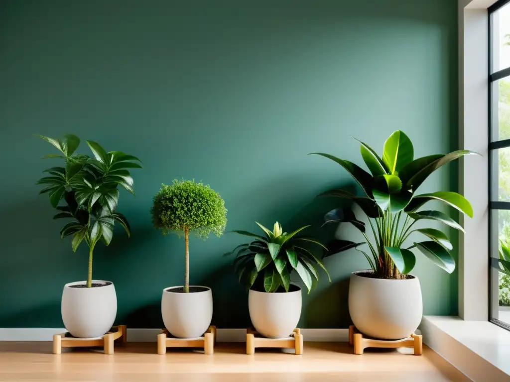 'Armonía y equilibrio en un espacio interior con plantas cuidadosamente dispuestas según los consejos Feng Shui para plantas saludables