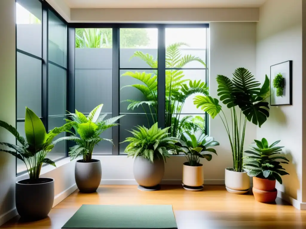 Armonía y equilibrio en un jardín interior con plantas para armonizar hogar Feng Shui, promoviendo un flujo de energía positiva