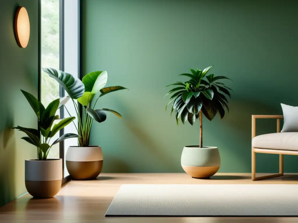 Armonía y equilibrio en un interior sereno con plantas de interior para Feng Shui, creando una atmósfera de positividad y tranquilidad