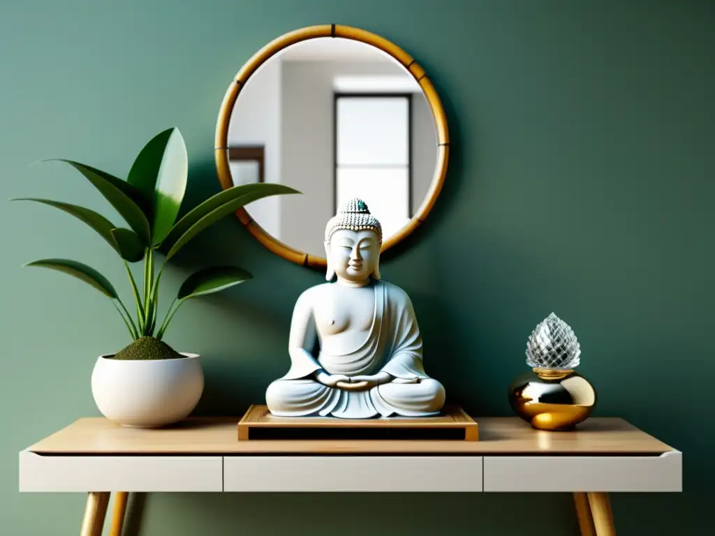 Armonía en el hogar con amuletos de Feng Shui para hogar: estatua de Buda, espejo decorativo, planta de bambú y cluster de cristal