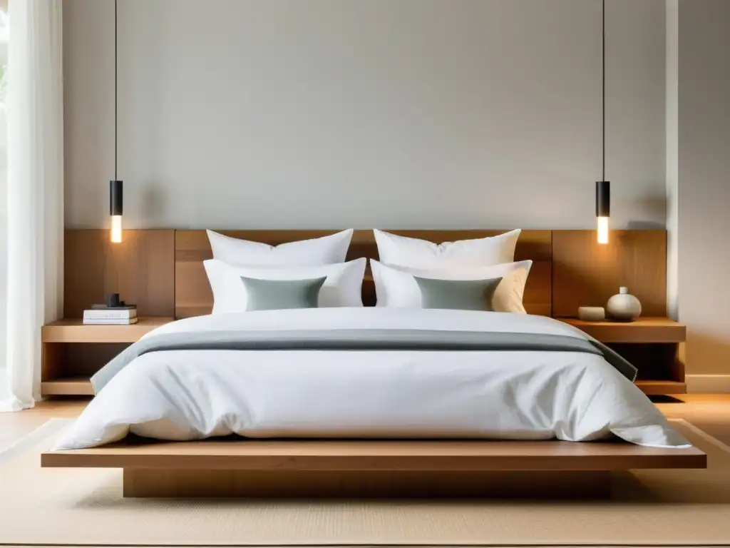 Armonía en pareja con Feng Shui: Habitación minimalista con cama baja y suave ropa de cama blanca, decoración serena y ventana luminosa