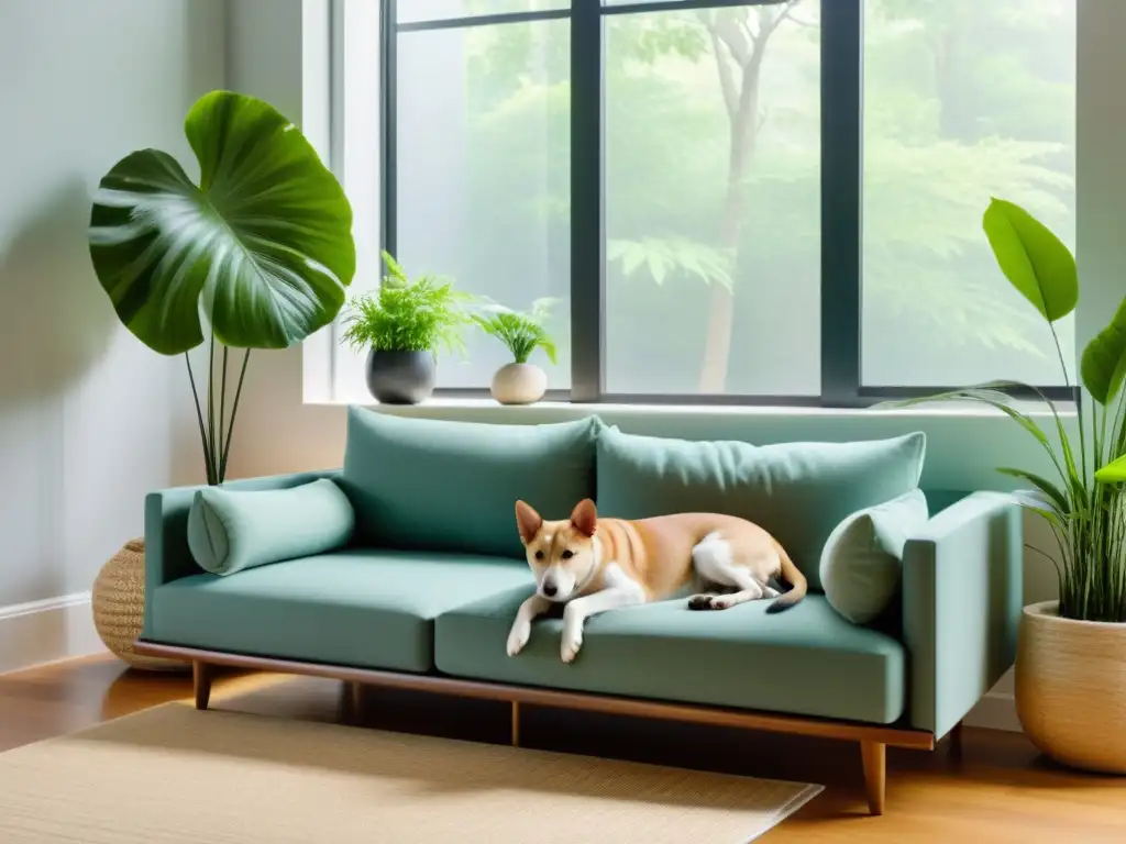 Armonía en un salón minimalista con Feng Shui para mascotas en casa: cama acogedora, verde relajante, pecera tranquila y fuente apacible