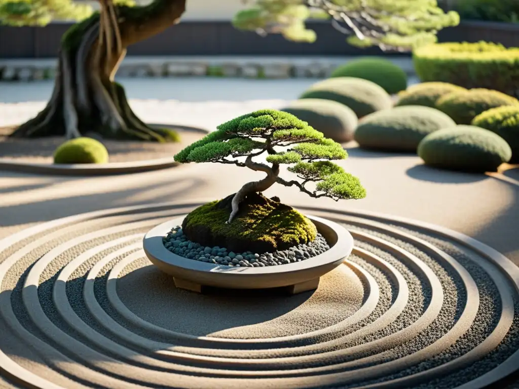 Armonía y serenidad en jardín Feng Shui con estructuras geométricas precisas y naturalidad