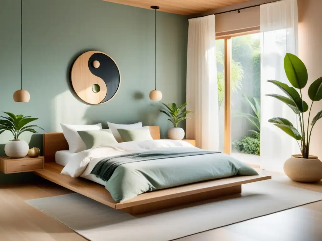 Armonía y tranquilidad en un dormitorio minimalista con elementos de feng shui, colores suaves y luz natural