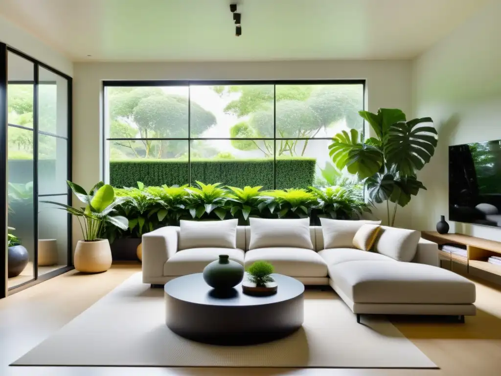 Armonía y tranquilidad en una sala con jardín interior, reflejando los consejos Feng Shui para apartamentos pequeños