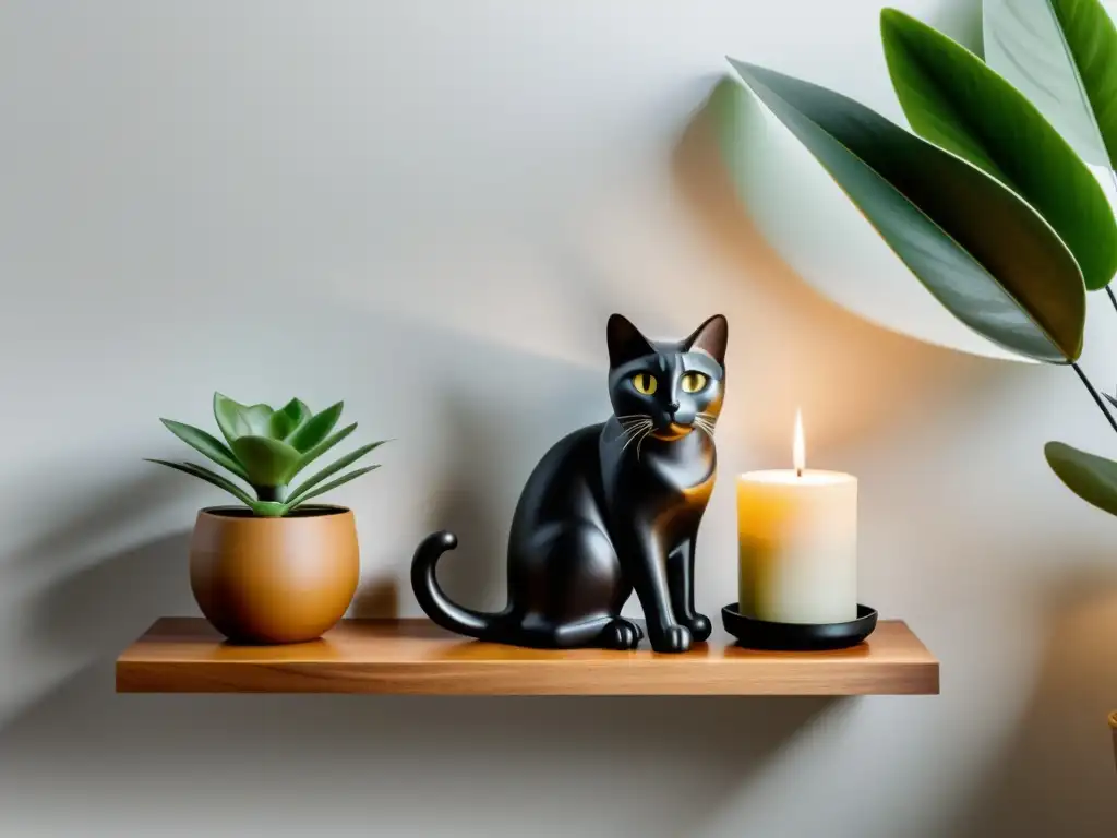 Decoración armoniosa con elementos Feng Shui para recepción mascotas en estantería de madera contra pared blanca, iluminada por luz natural suave