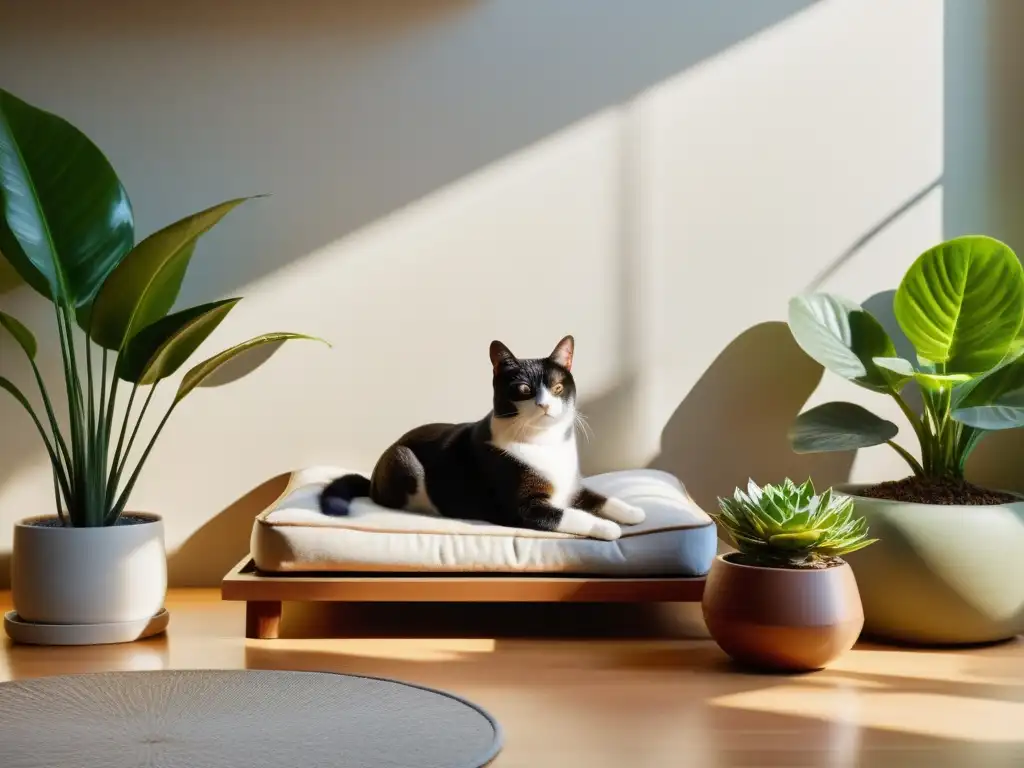 Armoniosa habitación iluminada por el sol con cama acogedora para mascotas, plantas y fuente