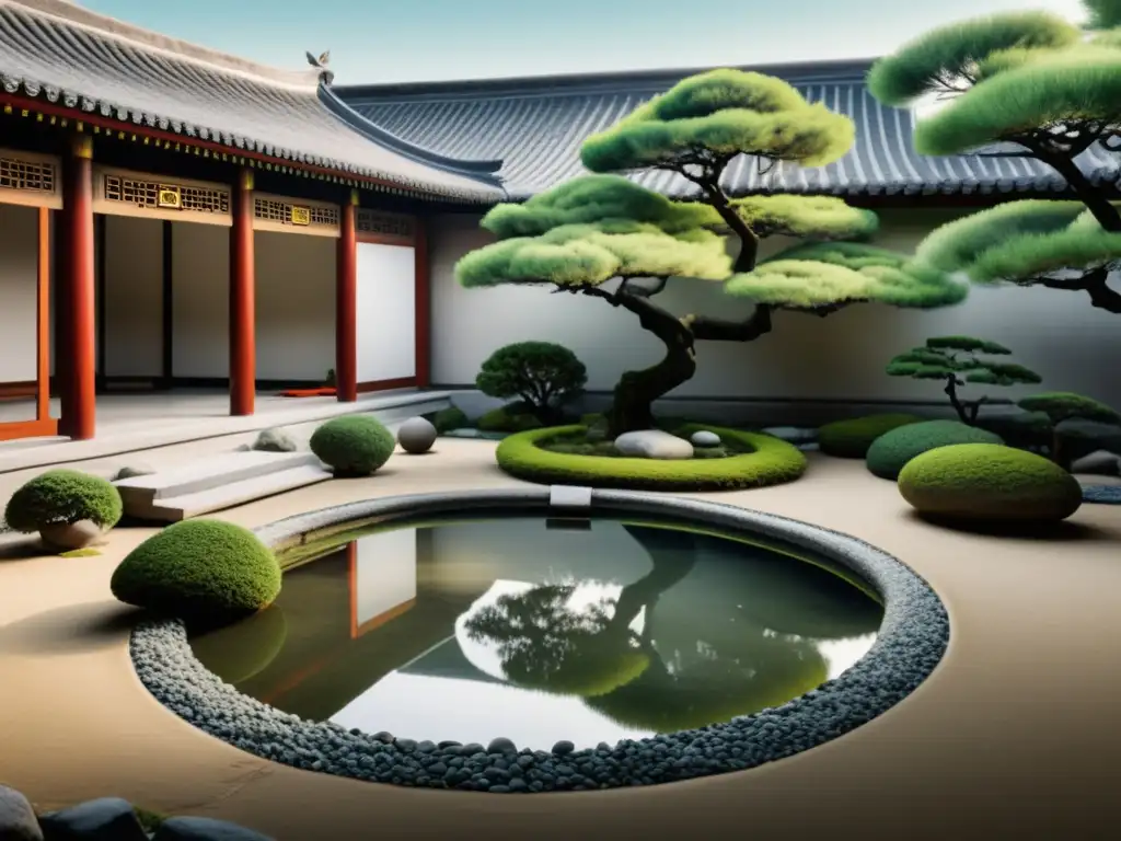 Armoniosa pintura de un antiguo jardín chino, reflejando la sabiduría de los Maestros del Feng Shui históricos