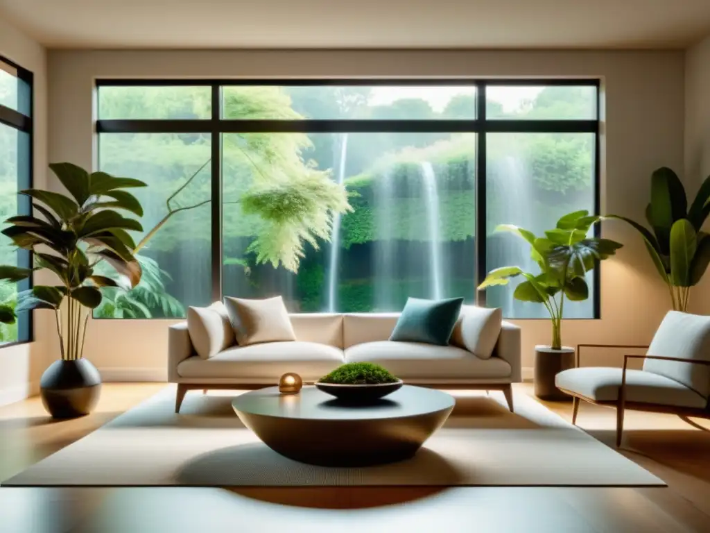 Armoniosa sala minimalista con elementos de feng shui, evolución del feng shui vida cotidiana