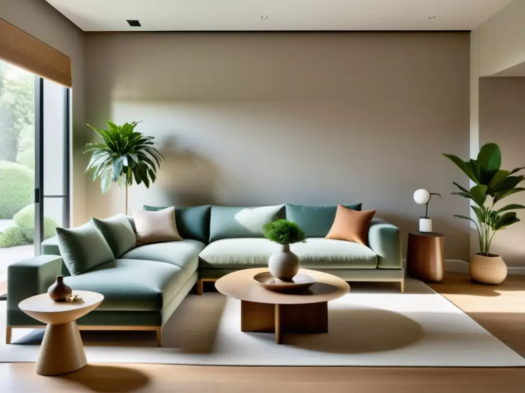 Armoniosa sala de estar minimalista con equilibrio de muebles, iluminación natural y decoración en tonos tierra