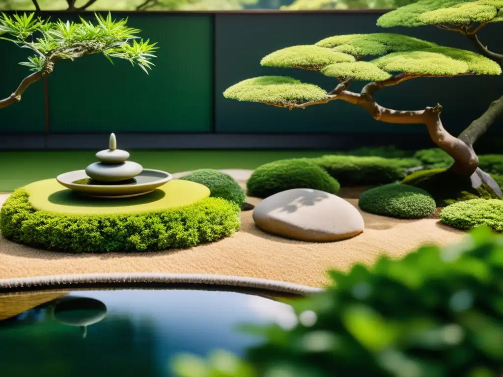 Armoniosa selección de plantas Feng Shui en un jardín japonés sereno, con rocas, estanque y bonsáis perfectamente cuidados