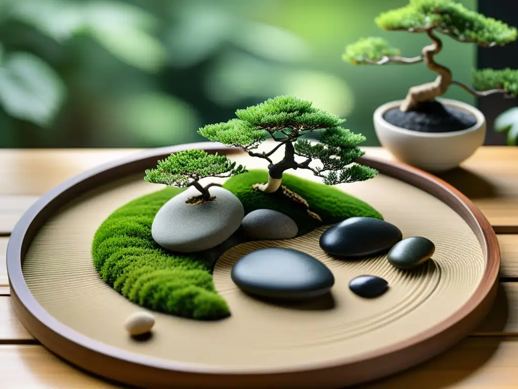 Armoniosa selección de plantas para Feng Shui en jardín zen, transmitiendo tranquilidad y equilibrio con su elegante diseño y elementos naturales