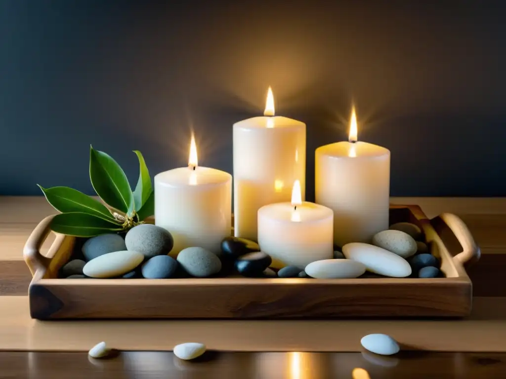 Una armoniosa iluminación en Feng Shui: velas blancas en bandeja de madera rodeadas de piedras y vegetación, emitiendo una suave y cálida luz