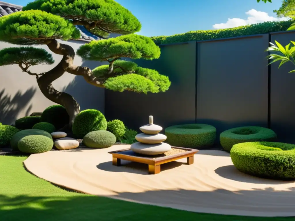 Un jardín Zen armonioso con diseño Feng Shui para armonía, con arena cuidadosamente rastrillada, faroles de piedra y un bonsái perfectamente ubicado, rodeado de setos recortados y vegetación vibrante