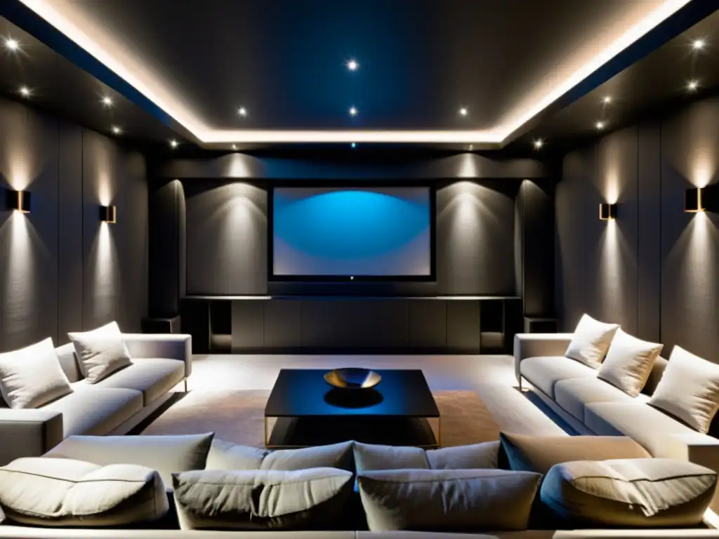 Un armonioso diseño de home theater que refleja los principios del Feng Shui, con una atmósfera tranquila y equilibrada