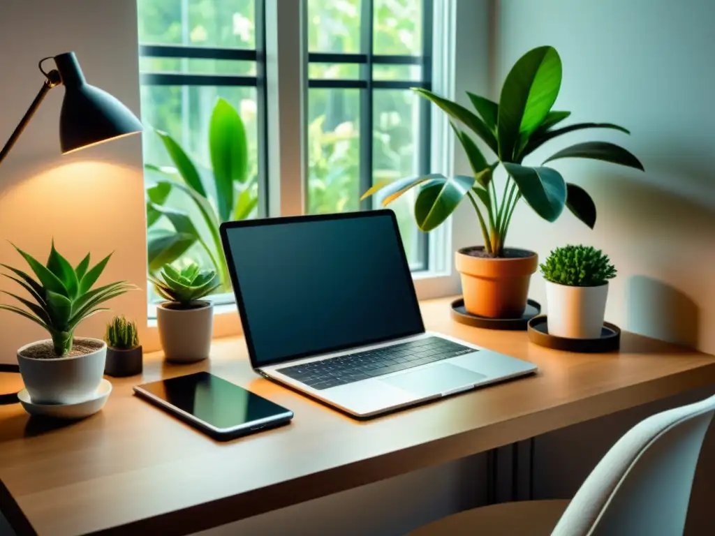 Armonioso espacio de trabajo con dispositivos tecnológicos ordenados y plantas, siguiendo principios de Feng Shui para dispositivos tecnológicos