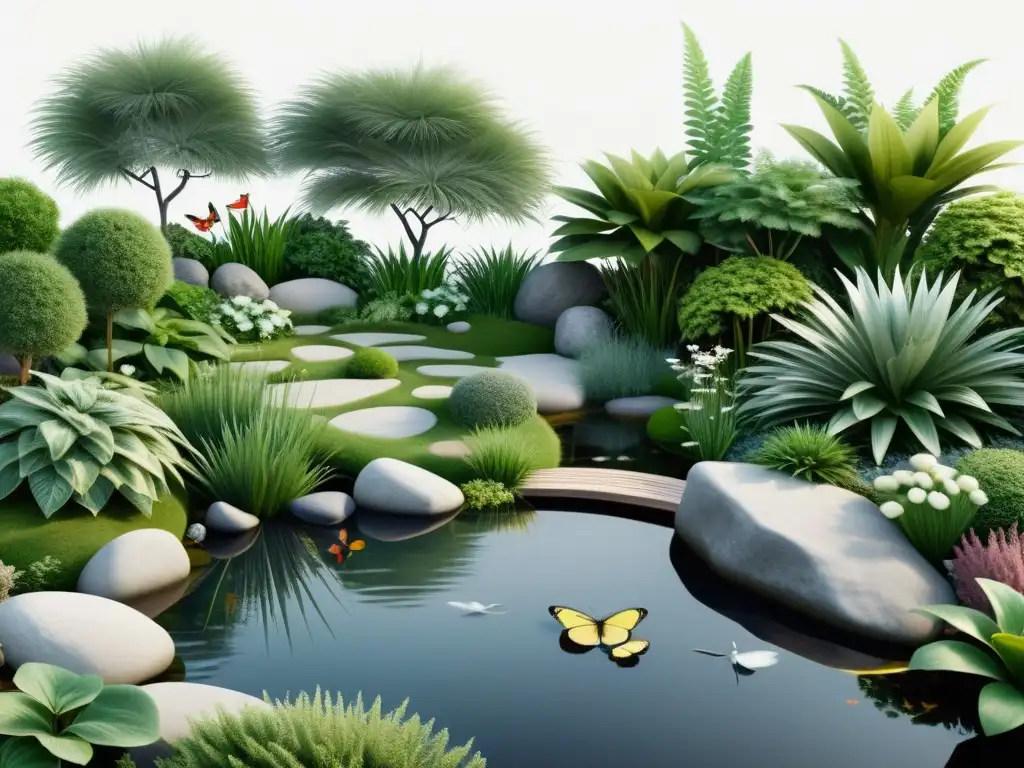 Un jardín Feng Shui armonioso con fauna benéfica, plantas, rocas y un tranquilo estanque en un dibujo minimalista en blanco y negro