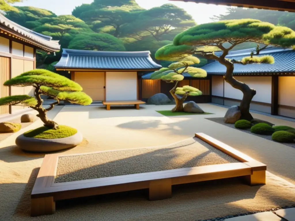 Armonioso jardín japonés con bonsáis podados y luz dorada, ideal para Feng Shui para jardines exteriores