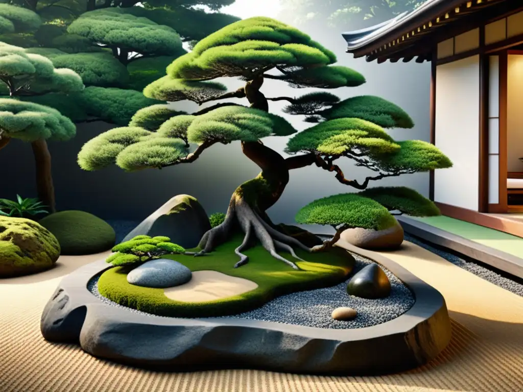 Armonioso jardín zen japonés con rocas, bonsái y plantas perennes para jardín Feng Shui