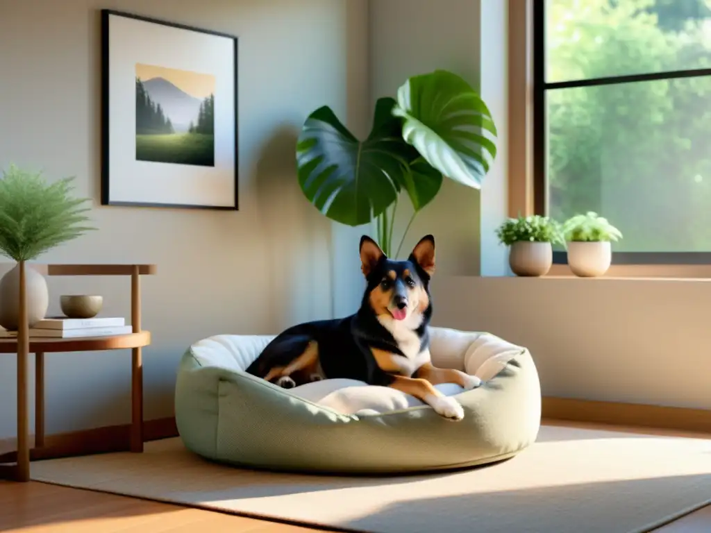 Un rincón armonioso con luz natural, decoración minimalista, tonos tierra y una acogedora cama para mascotas