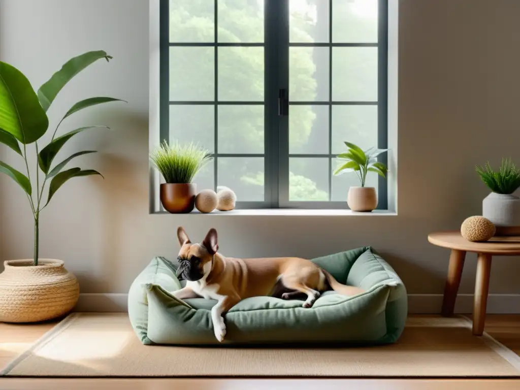 Un rincón armonioso con luz natural, suave y acogedor para mascotas en hogar con Feng Shui