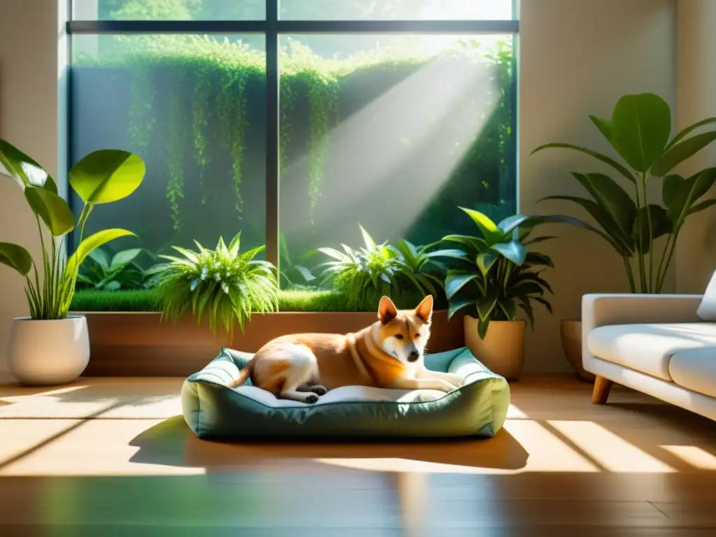 Un rincón armonioso con luz solar, plantas y una cama para mascotas, ideal para el Feng Shui para mascotas en hogar