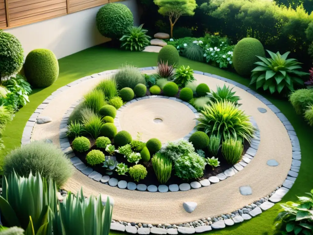 Jardín circular con armonioso mapa energético Feng Shui Permacultura, integrando plantas y piedras en un entorno sereno y equilibrado