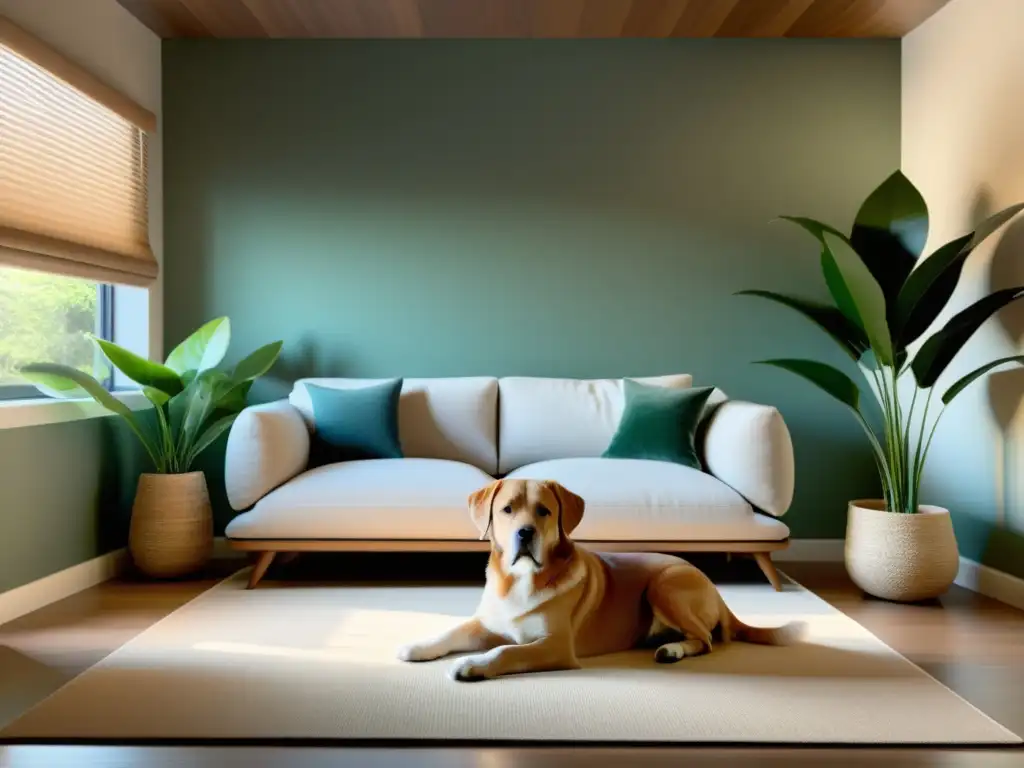 Un rincón armonioso con decoración minimalista y una acogedora cama para mascotas, rodeado de plantas y luz natural