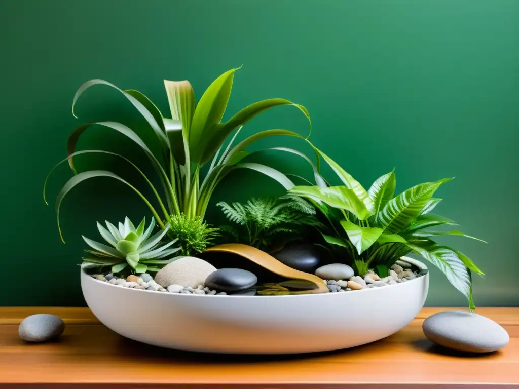 Un jardín interior armonioso de plantas verdes en un espacio minimalista, inspirado en el Feng Shui para promover la armonía visual y la tranquilidad